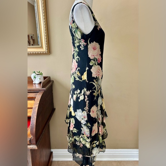 Ralph Lauren Vintage Y2K 90s Silk Slip Dress Black Dark Floral Asymmetrical 10 - Picture 6 of 11